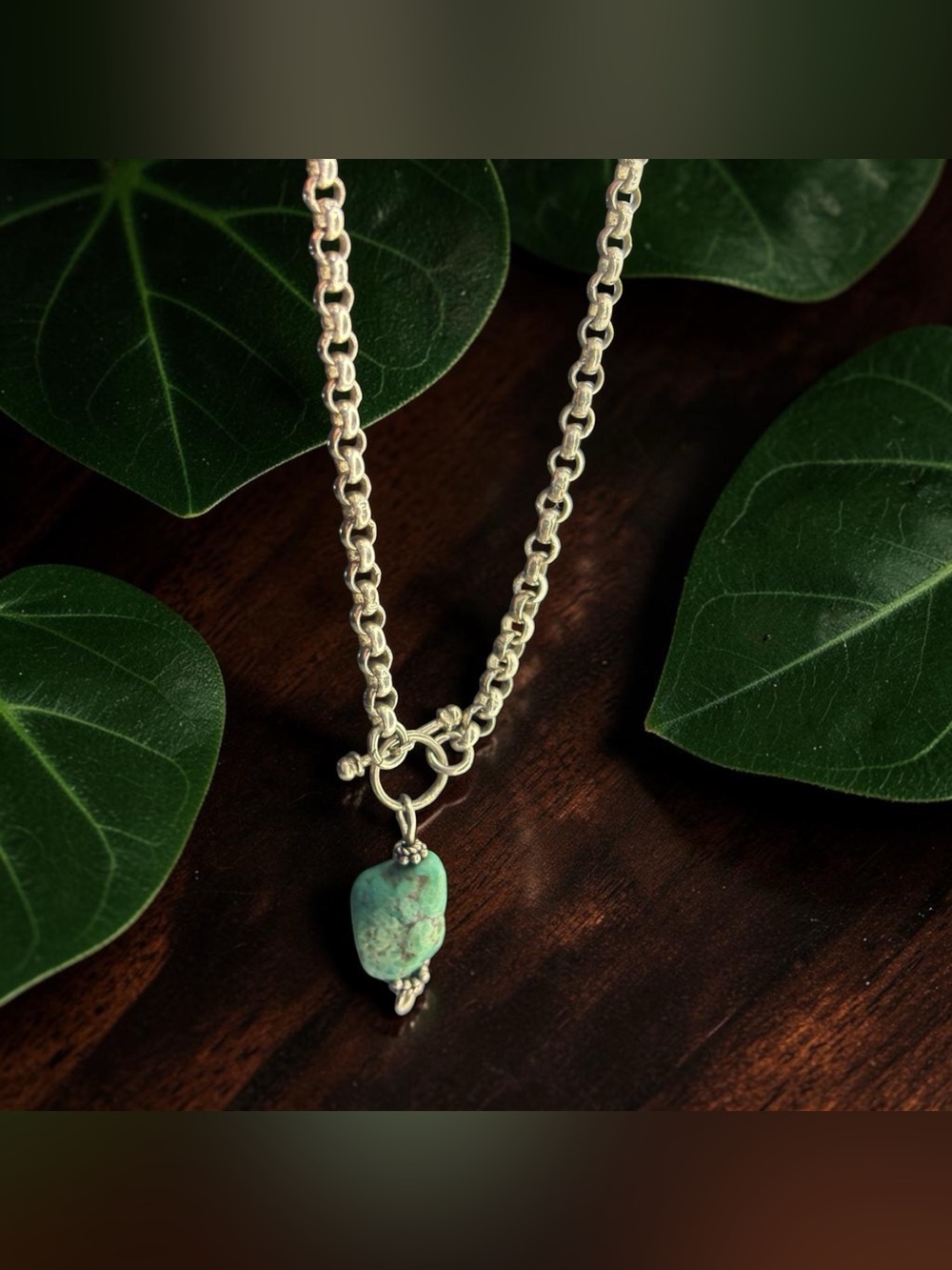 Vintage Shube Dakota West Sterling Turquoise Nugget Charm Necklace Toggle Front